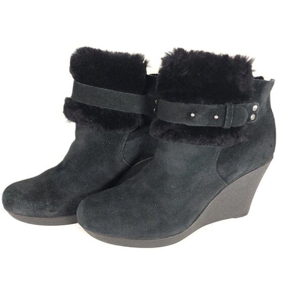 UGG Women's Antonia US 7 Black Suede Fur Cuffed Wedge Ankle Boots Booties - Picture 1 of 11